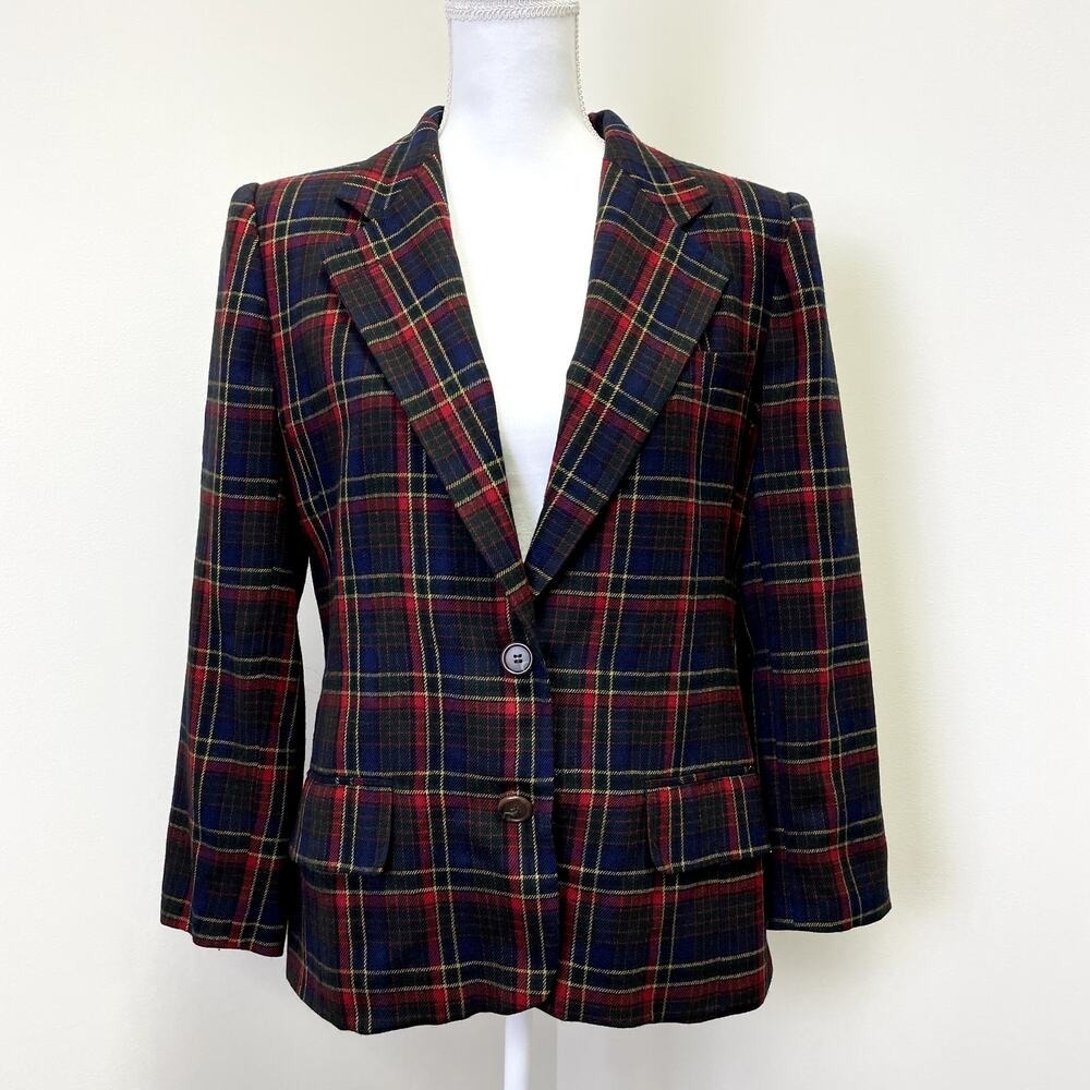 Lauren Ralph Lauren Plaid Worsted Wool Blazer Navy Red Green Size 12 Made in USA - Picture 2 of 16